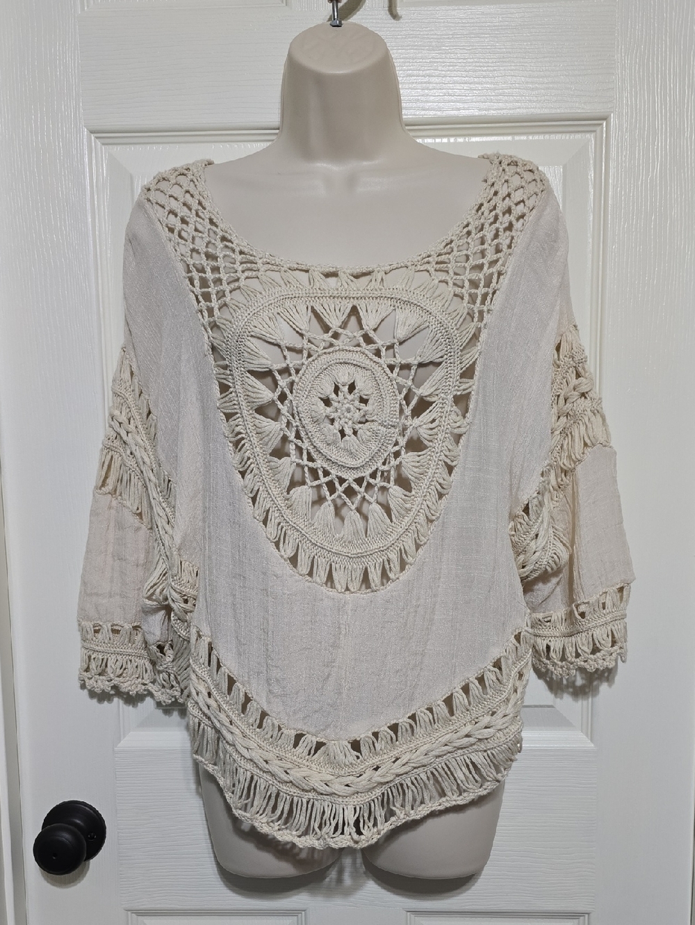 Boho Crochet-Front Tunic Top in Cream